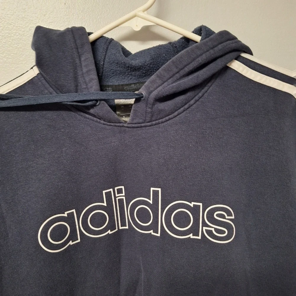 Adidas Navy Blue Hoodie Sweatshirt Classic Logo 3‎ Stripe Sleeve Size M
